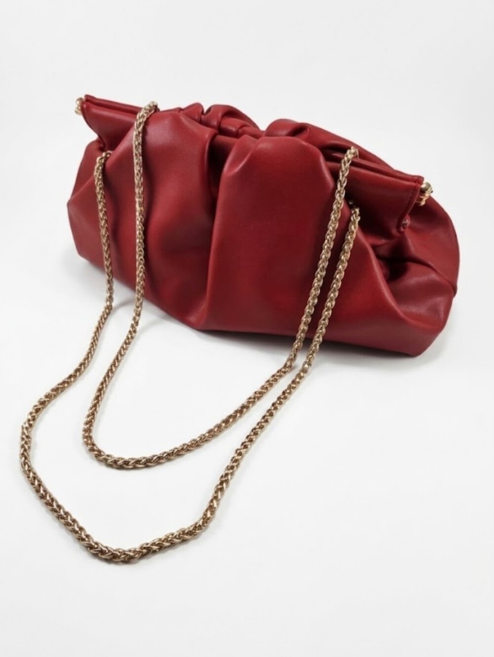 Urban Expressions Red Vegan Leather Ruched Cloud Clutch, Convertible Gold Chain